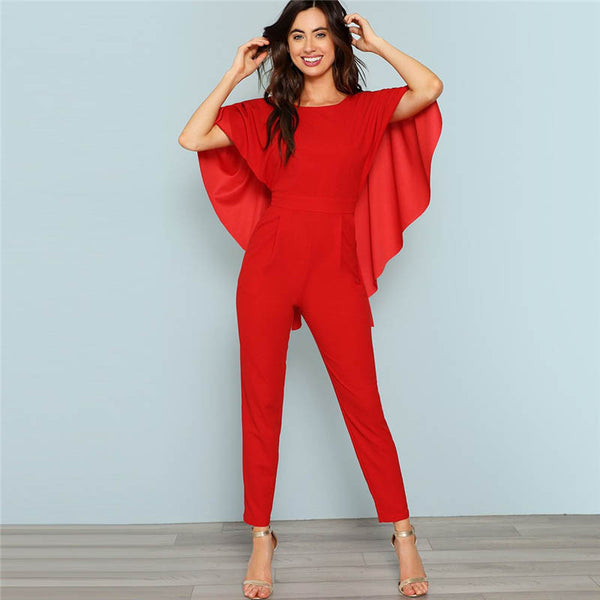 Red Backless Open Shoulder Solid Cape Jumpsuit