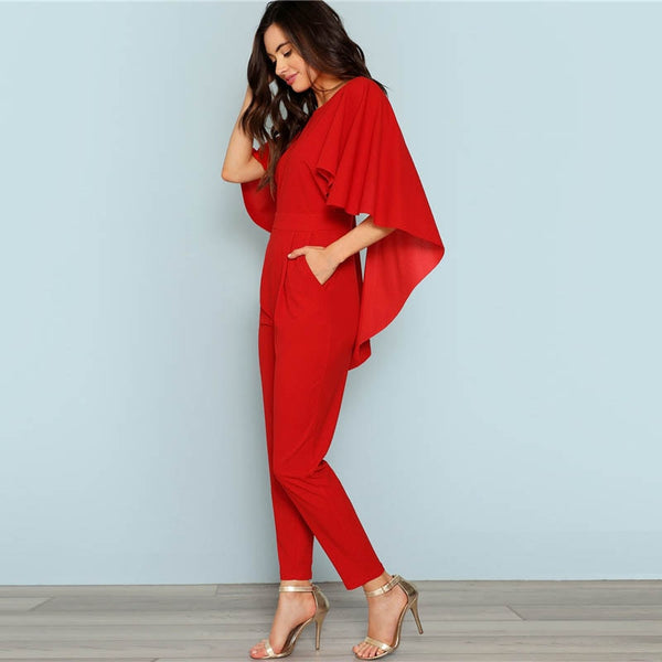 Red Backless Open Shoulder Solid Cape Jumpsuit