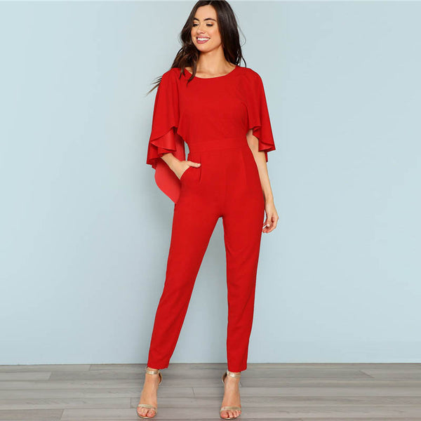 Red Backless Open Shoulder Solid Cape Jumpsuit