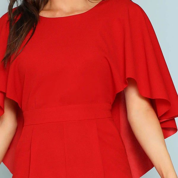 Red Backless Open Shoulder Solid Cape Jumpsuit