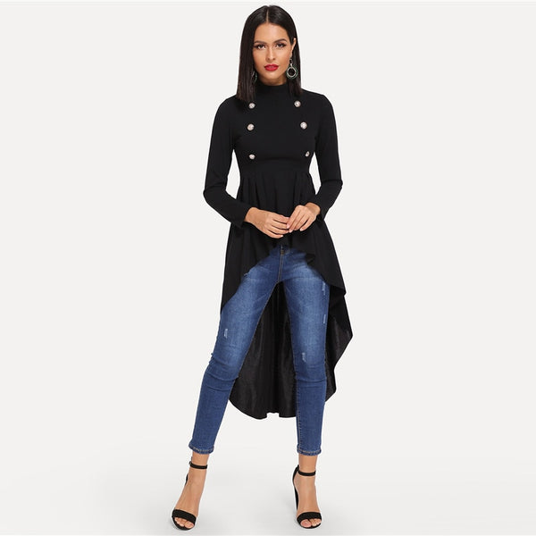 Black Mock Neck Double Breasted Ruffle Asymmetrical Blouse