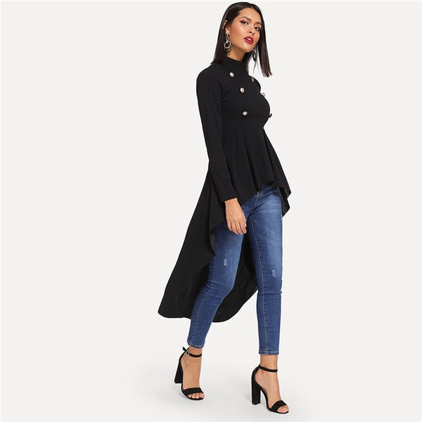 Black Mock Neck Double Breasted Ruffle Asymmetrical Blouse