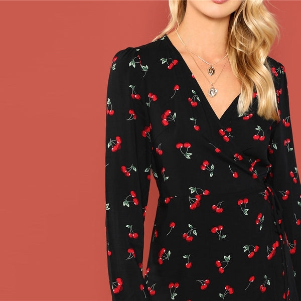 Black Allover Cherry Print Wrap Knot V-Neck Dress