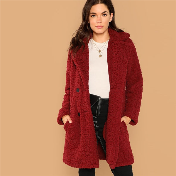 Burgundy Solid Notched Pocket Double Button Teddy Coat