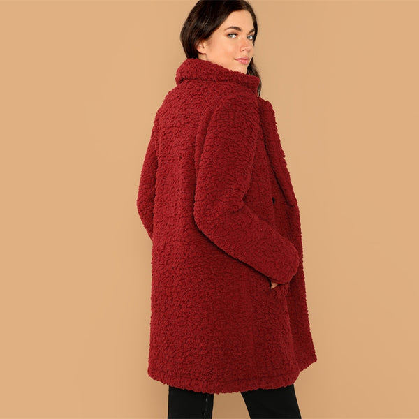 Burgundy Solid Notched Pocket Double Button Teddy Coat