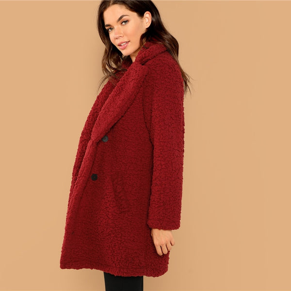 Burgundy Solid Notched Pocket Double Button Teddy Coat