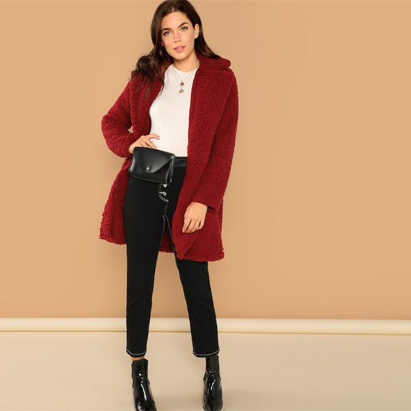 Burgundy Solid Notched Pocket Double Button Teddy Coat