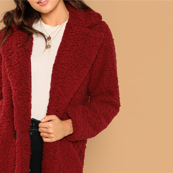 Burgundy Solid Notched Pocket Double Button Teddy Coat