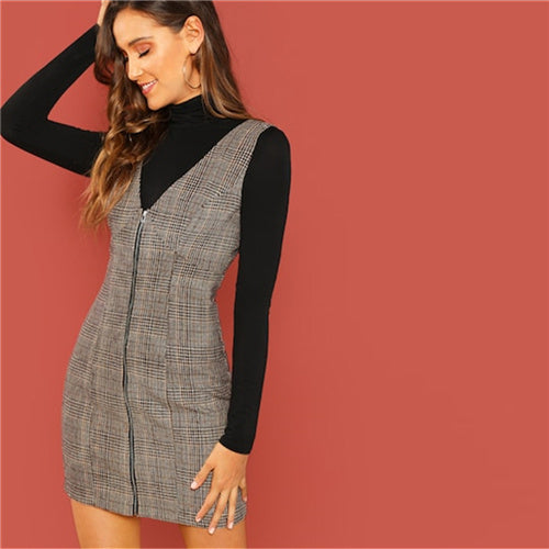 Coffee Deep V-Neck Zipper Up Fitted Shell Sleeveless Plaid Dress