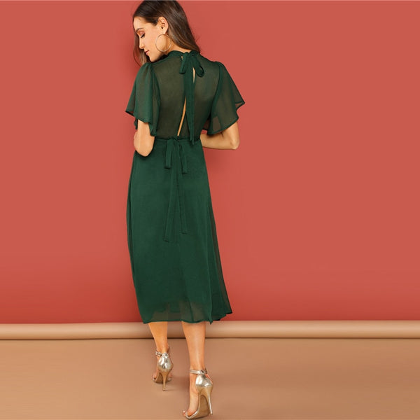 Green Flutter Sleeve Short Split Tie Back Solid Stand Collar Dress