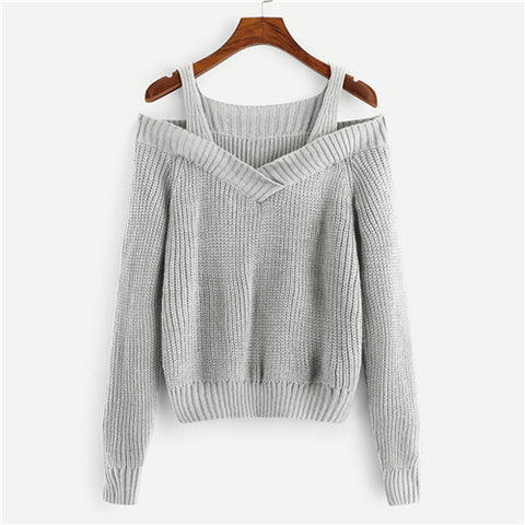 Grey Cold Shoulder Solid Straps Neck Sweater