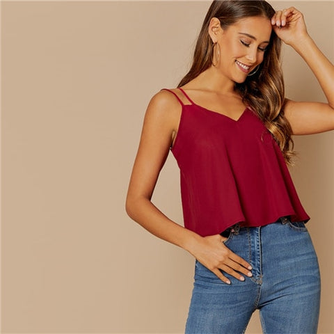 Burgundy Backless Solid Double Strap Cami