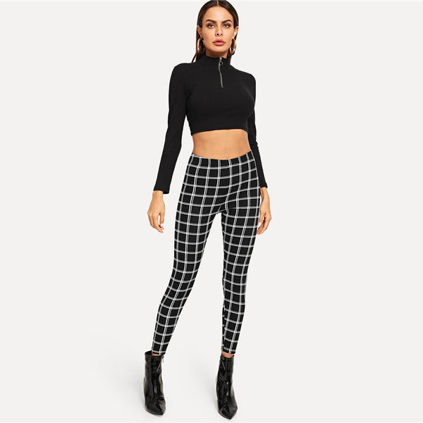 Black Wide Waist Plaid Skinny Legging
