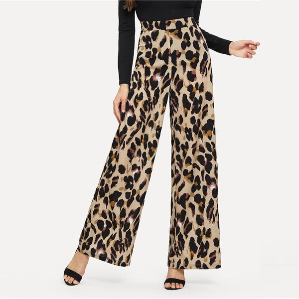 Multicolor Leopard Print Wide Leg Mid Waist Loose Pant