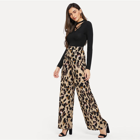 Multicolor Leopard Print Wide Leg Mid Waist Loose Pant