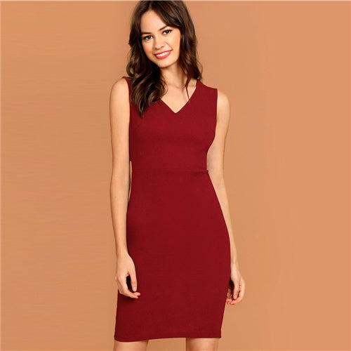 Burgundy Plunging Neck Pencil Solid Sleeveless Bodycon Dress