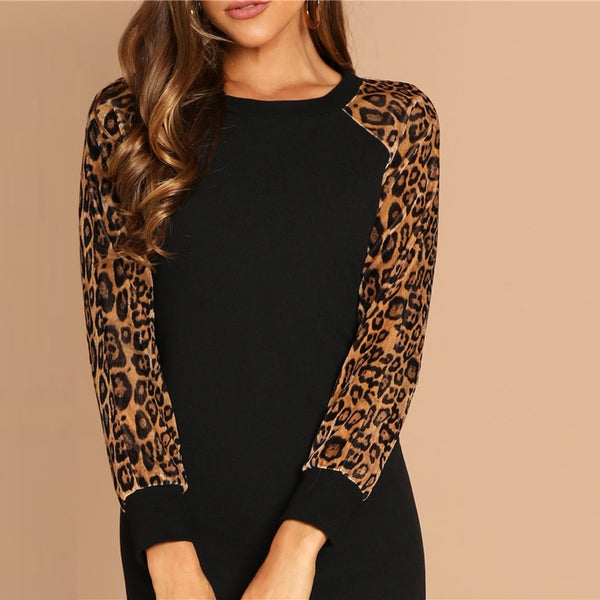 Black Leopard Print Color Block Raglan Dress