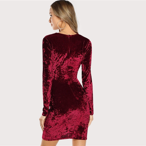 Burgundy Ruched Overlap Surplice Crushed Party Dress