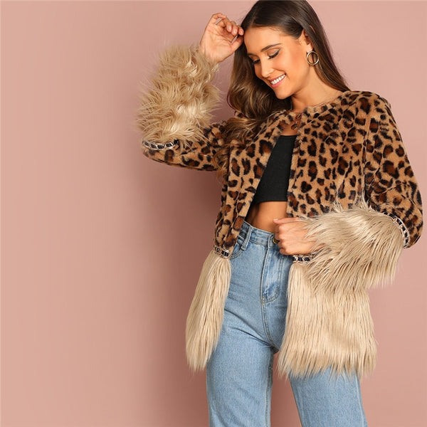 Multicolor Contrast Faux Fur Leopard Long Sleeve Coat