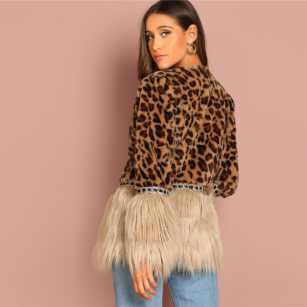 Multicolor Contrast Faux Fur Leopard Long Sleeve Coat