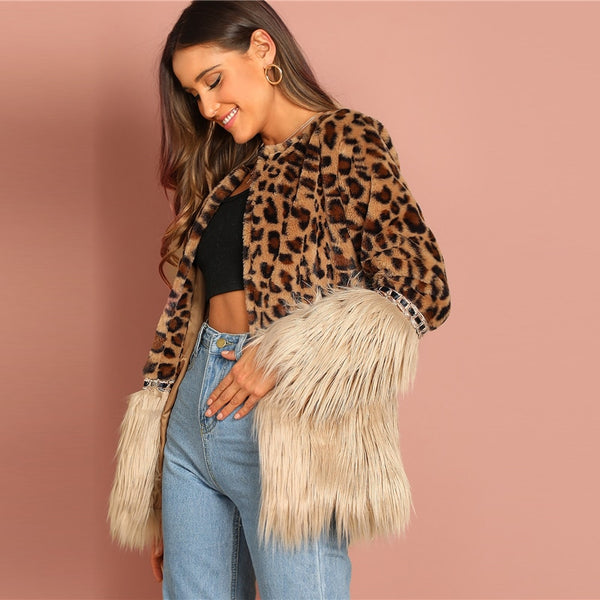 Multicolor Contrast Faux Fur Leopard Long Sleeve Coat
