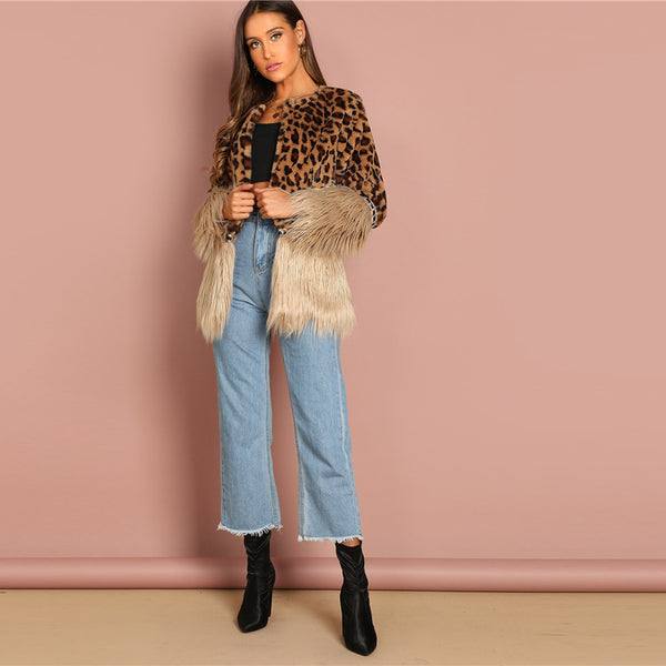 Multicolor Contrast Faux Fur Leopard Long Sleeve Coat