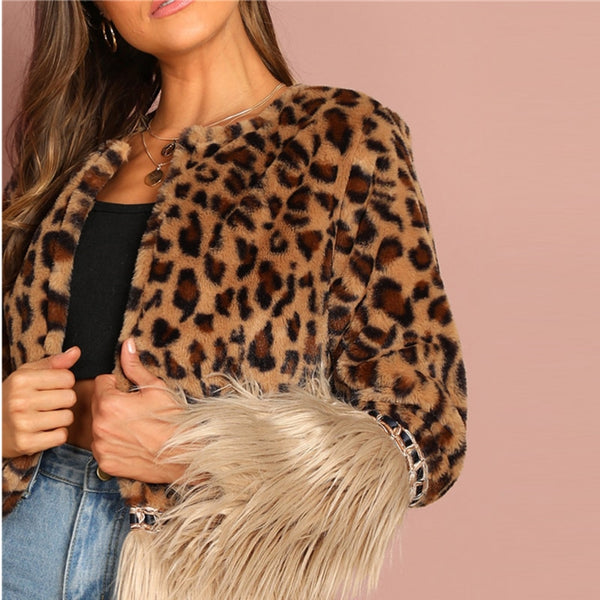 Multicolor Contrast Faux Fur Leopard Long Sleeve Coat