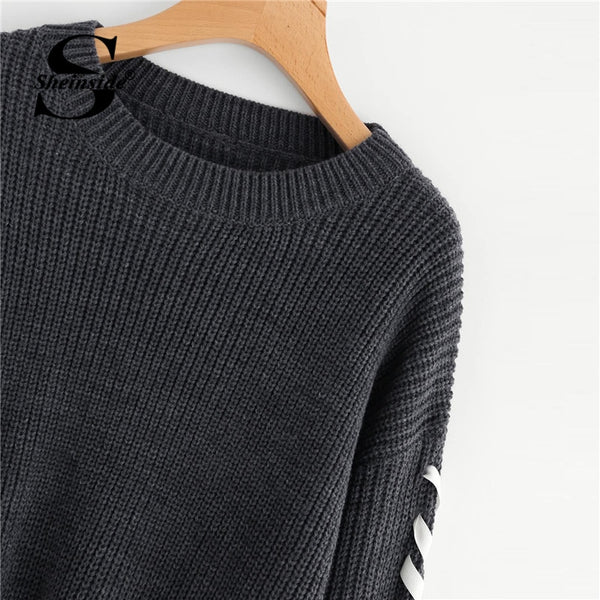Grey Contrast Whipstitch Detail Soft Knit Sweater