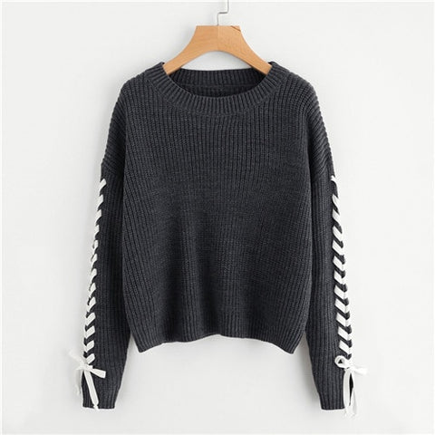 Grey Contrast Whipstitch Detail Soft Knit Sweater