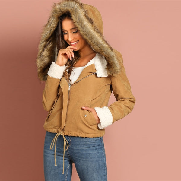 Khaki Drawstring Pocket Faux Fur Zipper Up Hooded Jacket
