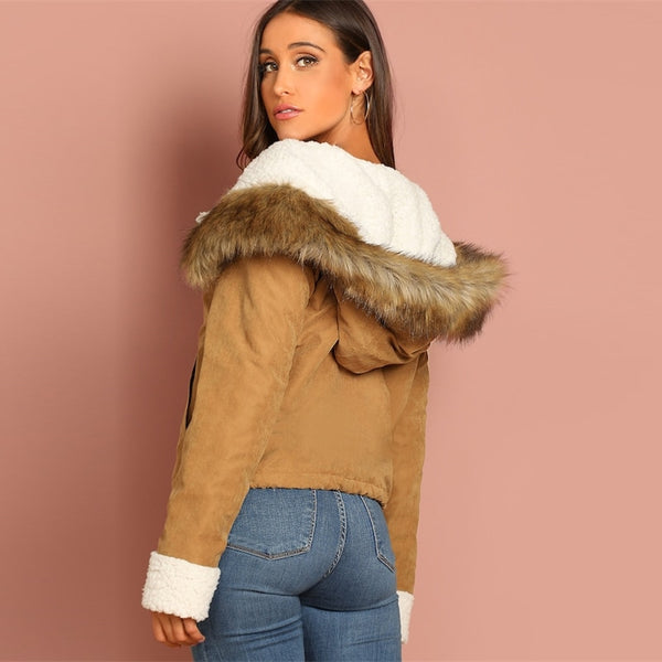 Khaki Drawstring Pocket Faux Fur Zipper Up Hooded Jacket