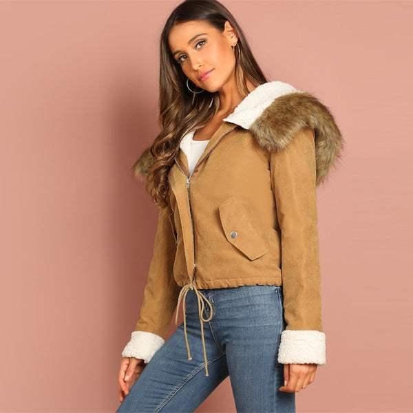 Khaki Drawstring Pocket Faux Fur Zipper Up Hooded Jacket