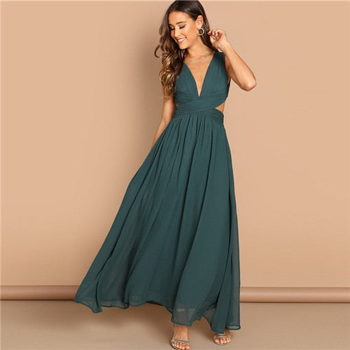Green Plunge Neck Crisscross Waist Ball Party Dress