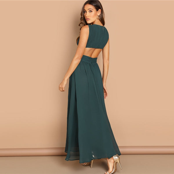 Green Plunge Neck Crisscross Waist Ball Party Dress