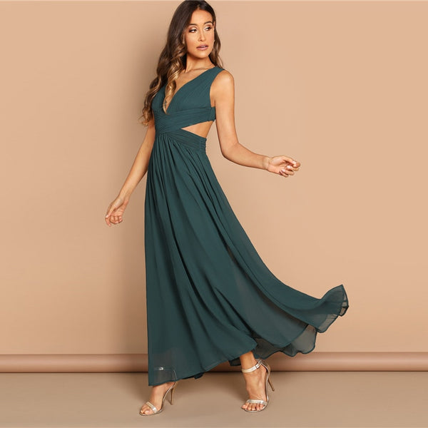 Green Plunge Neck Crisscross Waist Ball Party Dress