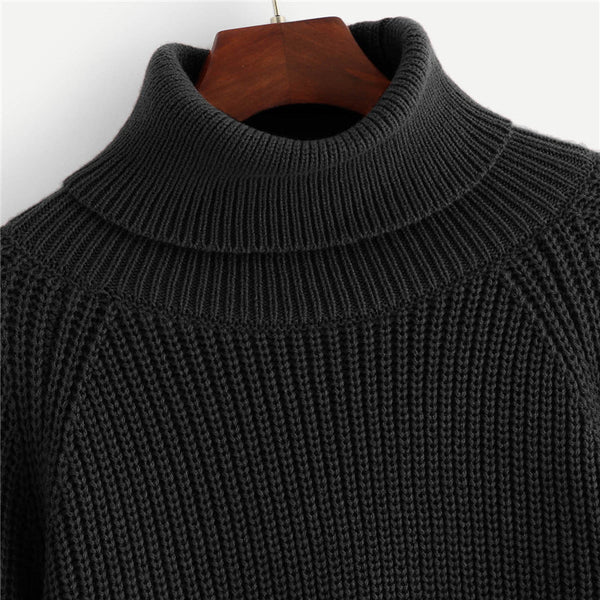 Black Coffee Crop Pullovers Roll Neck Raglan Sweater