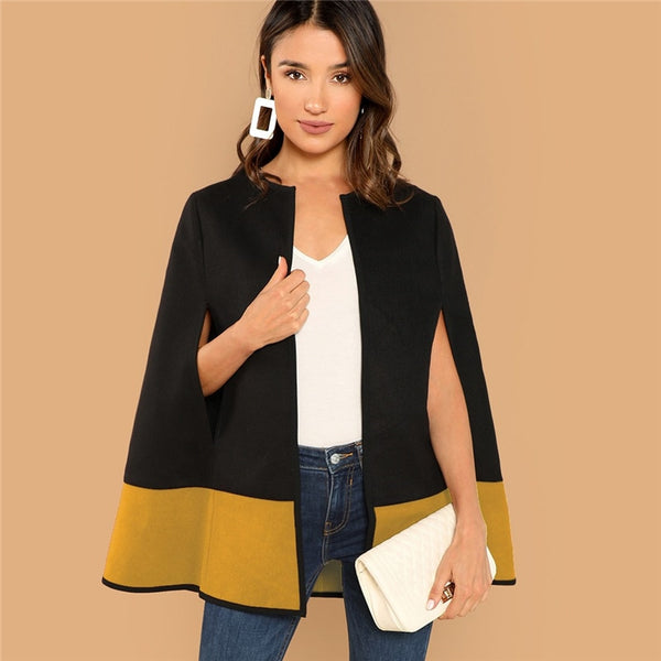 Two Tone Open Front Cloak Sleeve Cape Plain Solid Coat