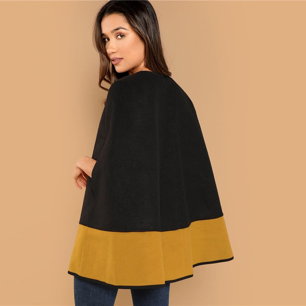 Two Tone Open Front Cloak Sleeve Cape Plain Solid Coat