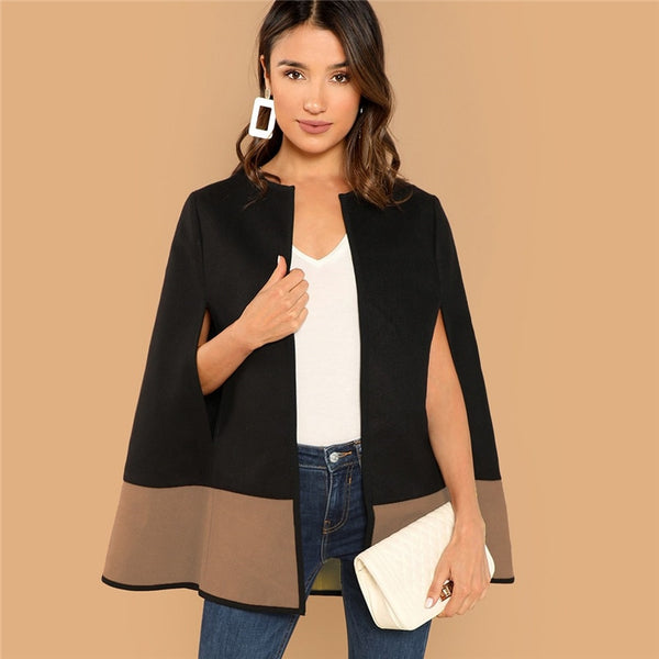 Two Tone Open Front Cloak Sleeve Cape Plain Solid Coat
