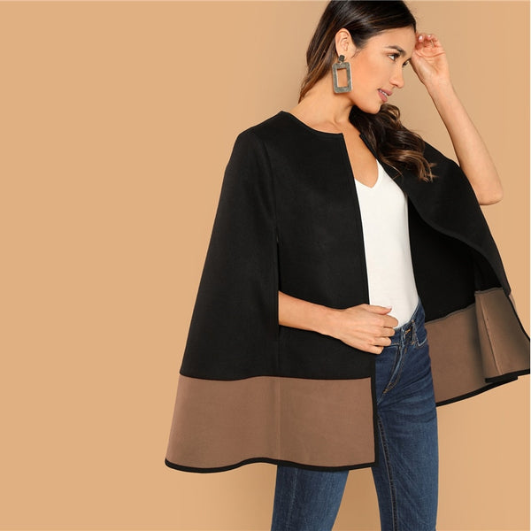 Two Tone Open Front Cloak Sleeve Cape Plain Solid Coat