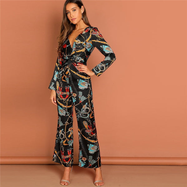 Multicolor Waist Knot Chain Print V-Neck Jumpsuit