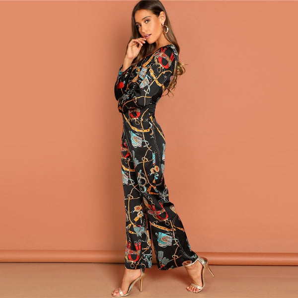 Multicolor Waist Knot Chain Print V-Neck Jumpsuit
