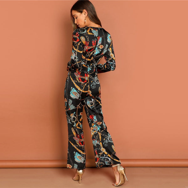 Multicolor Waist Knot Chain Print V-Neck Jumpsuit