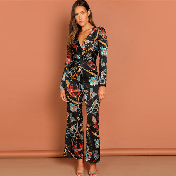 Multicolor Waist Knot Chain Print V-Neck Jumpsuit