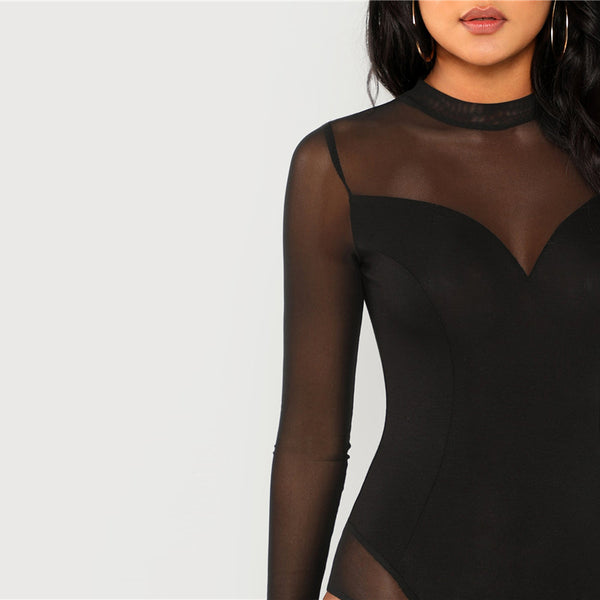 Black Mock Neck Mesh Panel Long Sleeve Bodysuit