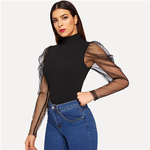 Black Mesh Gigot High Neck Fitted T-Shirt