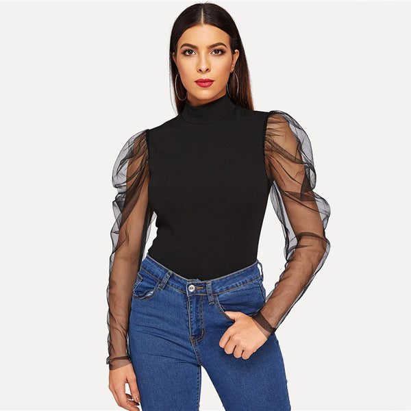 Black Mesh Gigot High Neck Fitted T-Shirt