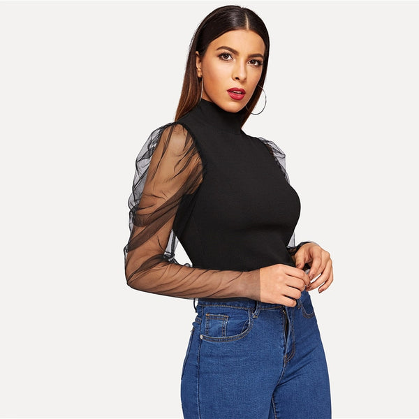 Black Mesh Gigot High Neck Fitted T-Shirt