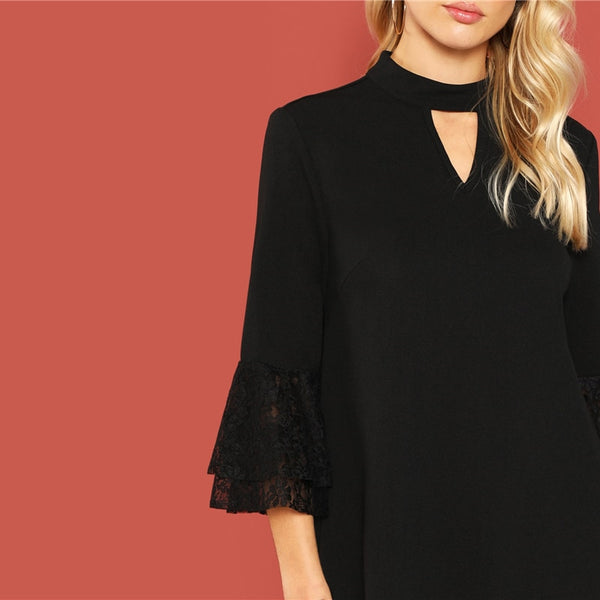 Black Cut Out Front Eyelash Lace Trim Stand Neck 3/4 Sleeve Dress