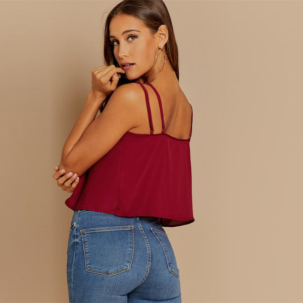 Burgundy Backless Solid Double Strap Cami
